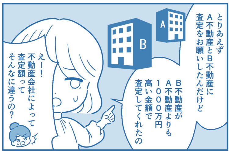 漫画2コマ目。C子が2社に査定を依頼したところ、B不動産の査定額はA不動産より1000万円も高かったと話す。A子は査定額の差に驚く。