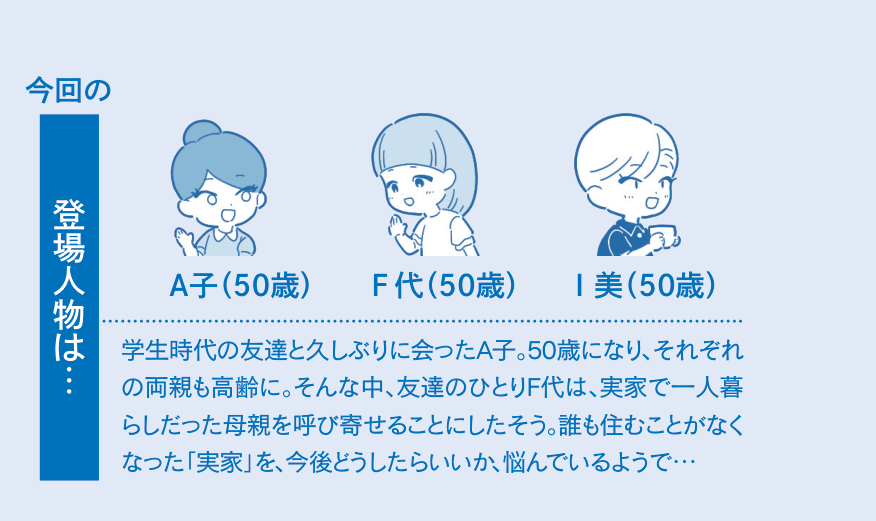 登場人物。A子、F代、I美。いずれも50歳。