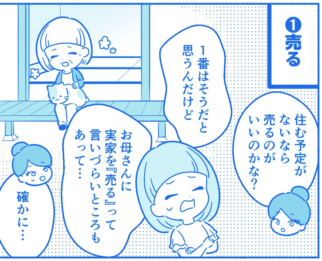 漫画5コマ目。今後住む予定がないなら売るのがよさそうだが、母親の思いも気になる。