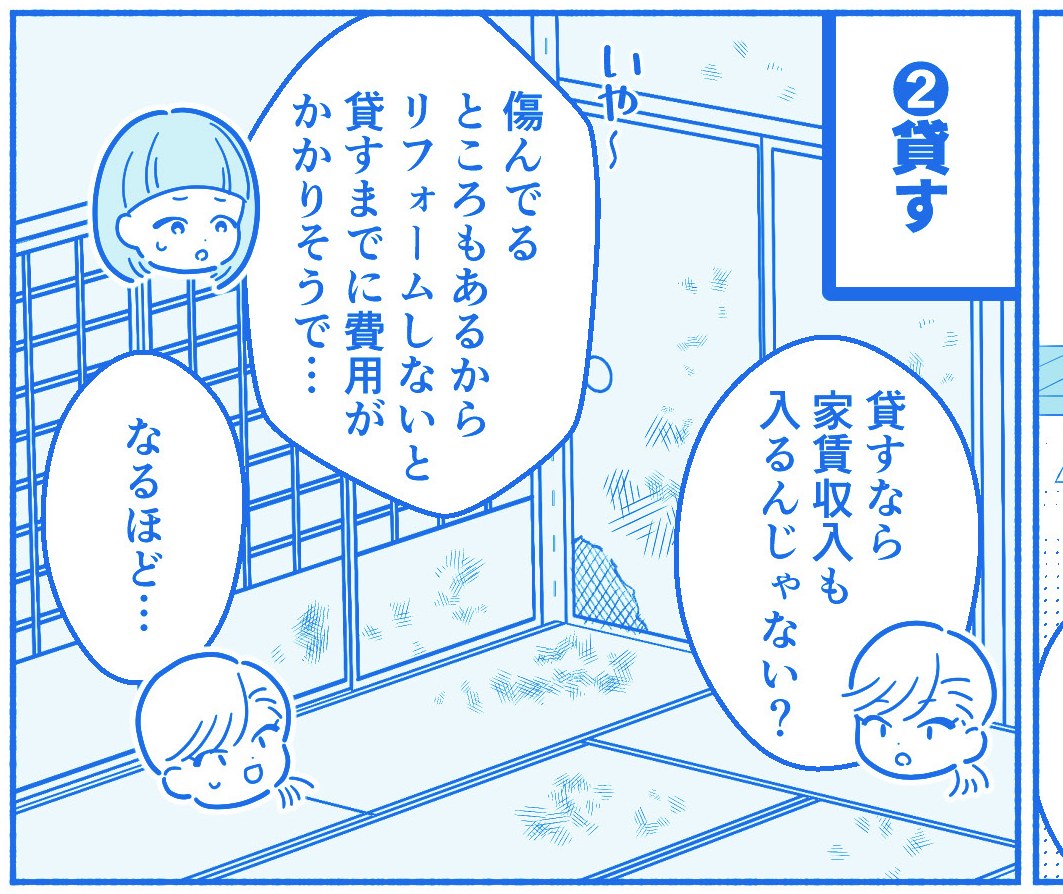 漫画6コマ目。貸せば家賃収入になる一方、傷みの修繕やリフォーム費用がかかると考える。
