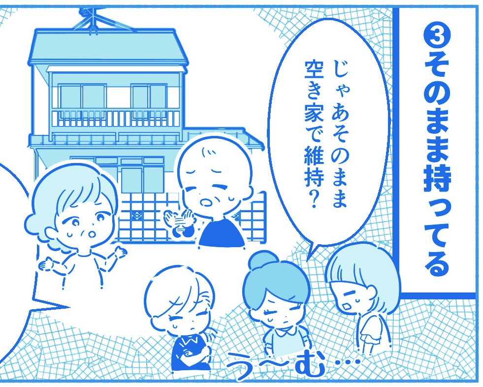 漫画7コマ目。そのまま維持する案を考えるが、本人にも親族にも住む予定がない。