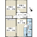 5階建て2階部分。54.68㎡の3DK。開放的な両面バルコニー。 (間取)