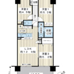 59.64㎡、3LDK。南東向き陽当たり良好。1階住戸はバルコニー幅が約2.5ｍと上階より広く余裕があります。 (間取)
