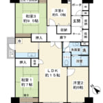 南西・北西角住戸。97㎡超のゆとりある4LDK。キッチン横バルコニーは角住戸ならではの設計。 (間取)