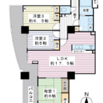 約17.5帖のLDKと全居室に収納を備えた3LDK。南・西角部屋につき日当たりも良好です。 (間取) 約17.5帖のLDKと全居室に収納を備えた3LDK。南・西角部屋につき日当たりも良好です。 (間取)