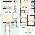 水回りを1階に集約した家事動線の良い間取りで、2階には便利な納戸もご用意。敷地前面に駐車場を配置。 (間取) 水回りを1階に集約した家事動線の良い間取りで、2階には便利な納戸もご用意。敷地前面に駐車場を配置。 (間取)
