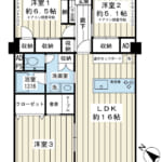 2021年10月にリノベーション実施済!専有面積84.24㎡、陽当たり良好な南西向き3LDKの間取り。 (間取) 2021年10月にリノベーション実施済!専有面積84.24㎡、陽当たり良好な南西向き3LDKの間取り。 (間取)