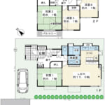 全居室6帖以上を確保した4LDK。小屋裏収納や床下収納を備え、車1台分の駐車スペースも併設。 (間取)