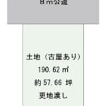 約57.66坪の整形地。前面公道は幅員約8mあり開放感があります。建物解体後、更地にてお引渡しです。 (間取) 約57.66坪の整形地。前面公道は幅員約8mあり開放感があります。建物解体後、更地にてお引渡しです。 (間取)